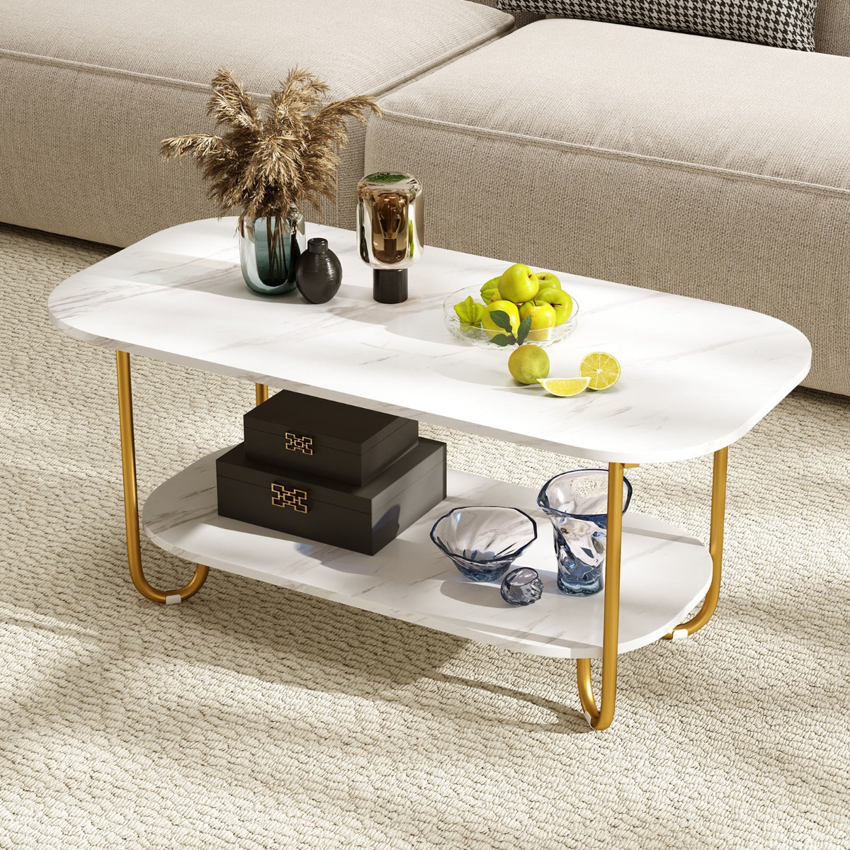 Faux Marble Top Coffee Table with Heavy-duty Metal Frame-White