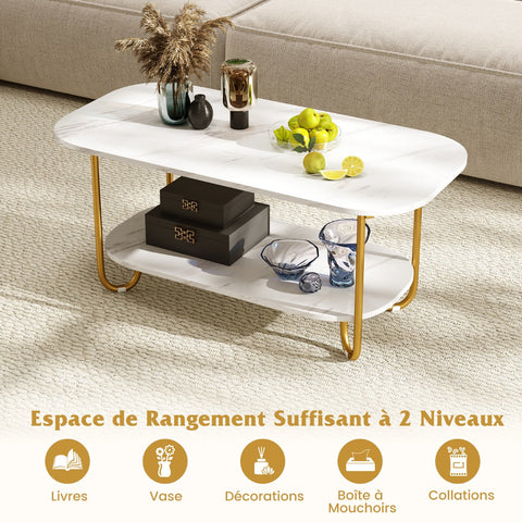 Faux Marble Top Coffee Table with Heavy-duty Metal Frame-White