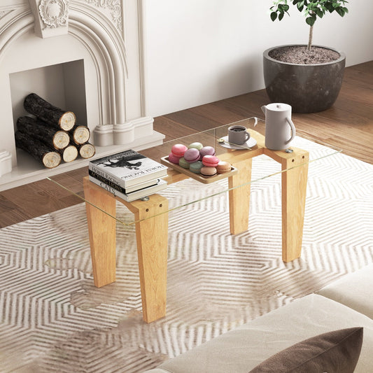 Rectangle Coffee Table with Transparent Tabletop and Rubber Wood Frame-Natural