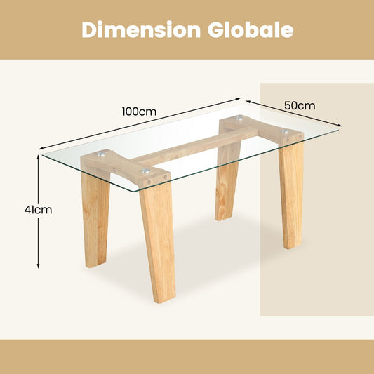 Rectangle Coffee Table with Transparent Tabletop and Rubber Wood Frame-Natural