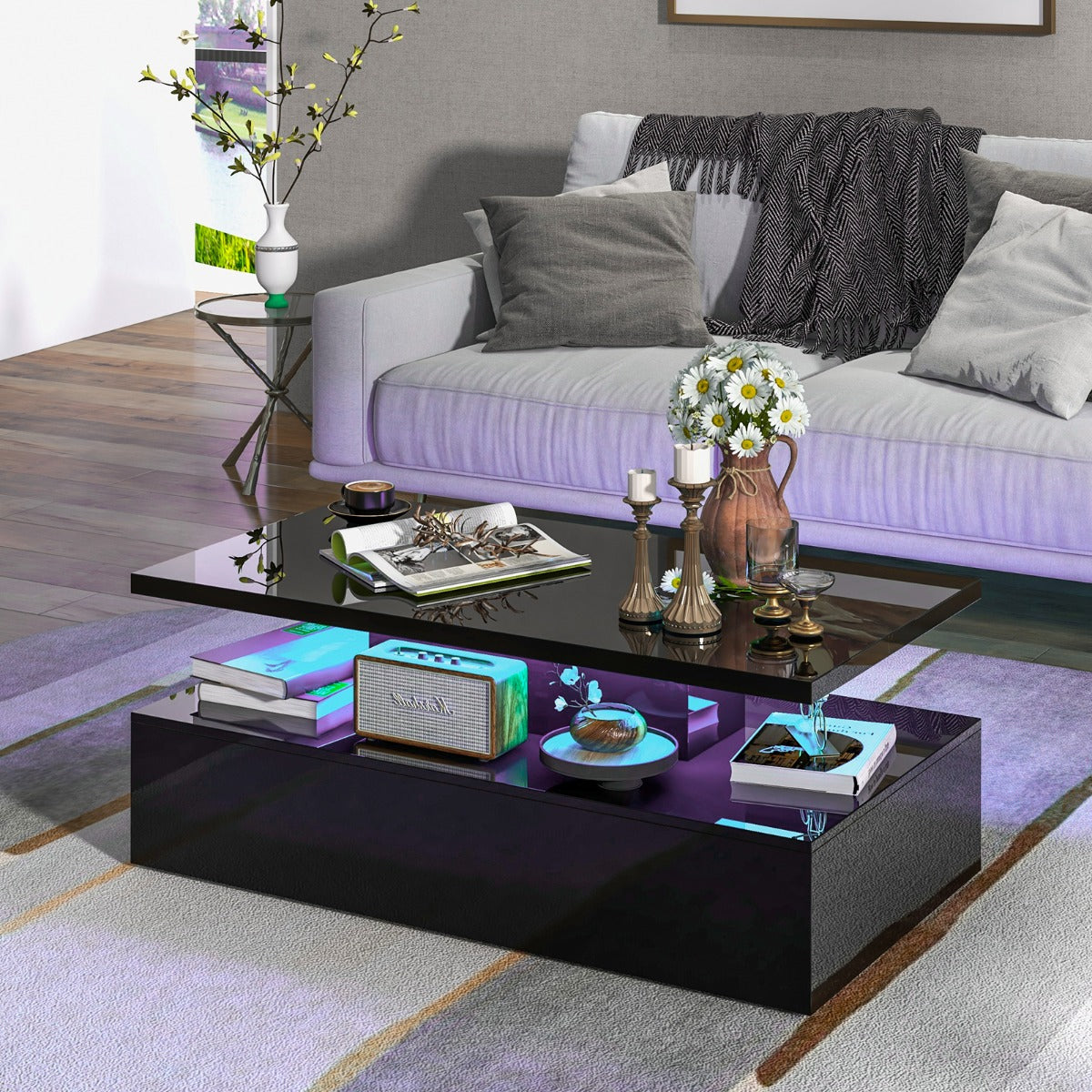 2 Tier Coffee Table with 20 Color LED Lights 110x60x40CM Contemporary Living Room Table with Remote Control Glossy Black