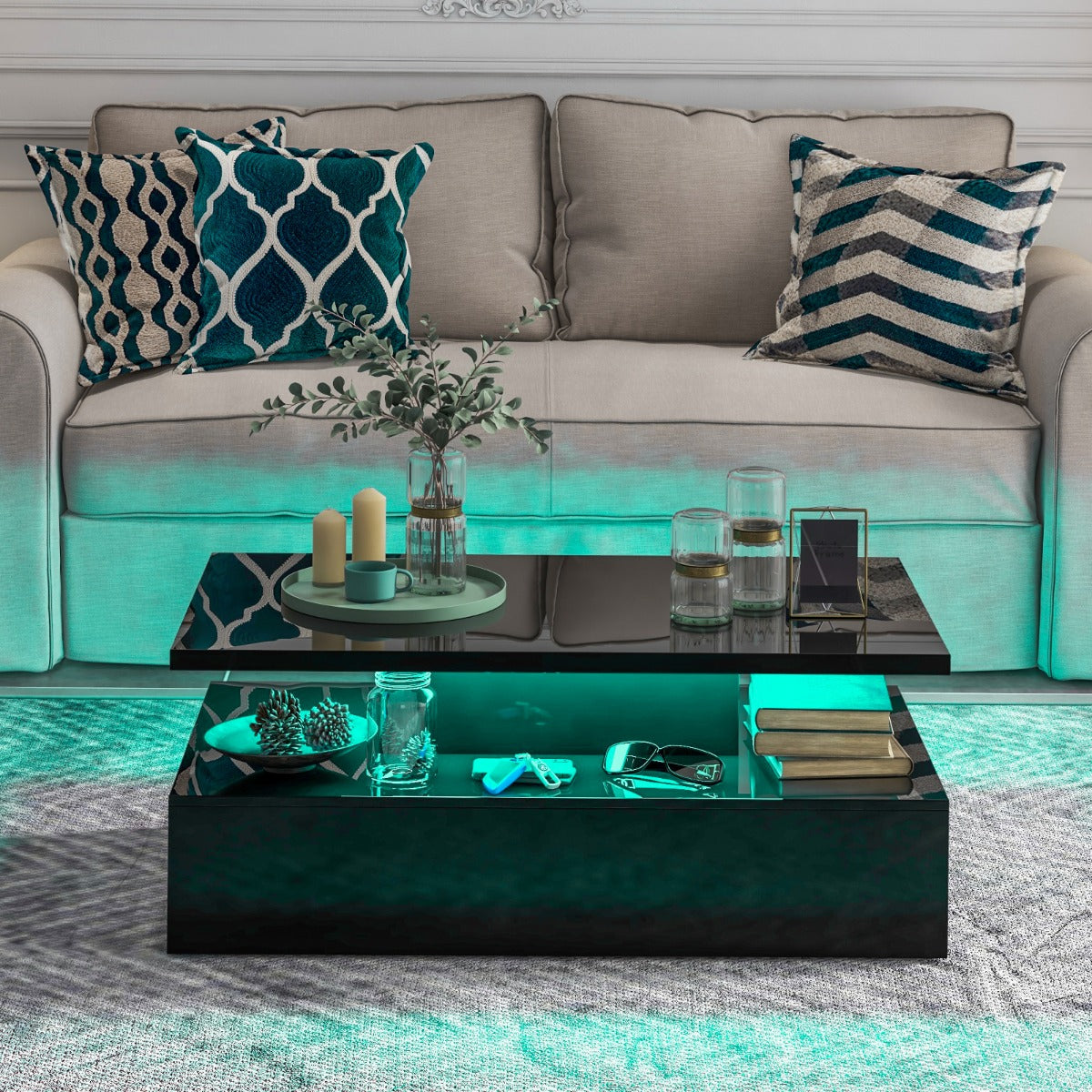 2 Tier Coffee Table with 20 Color LED Lights 110x60x40CM Contemporary Living Room Table with Remote Control Glossy Black