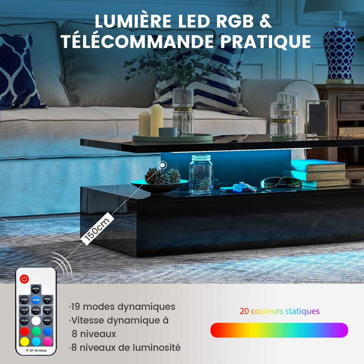 2 Tier Coffee Table with 20 Color LED Lights 110x60x40CM Contemporary Living Room Table with Remote Control Glossy Black