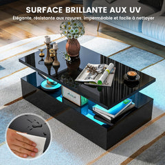 2 Tier Coffee Table with 20 Color LED Lights 110x60x40CM Contemporary Living Room Table with Remote Control Glossy Black
