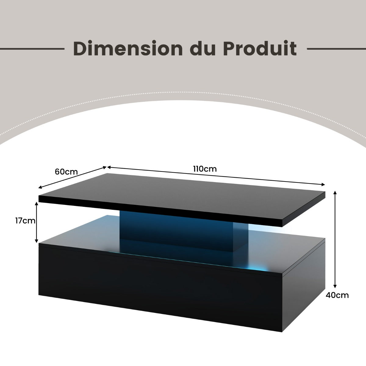 2 Tier Coffee Table with 20 Color LED Lights 110x60x40CM Contemporary Living Room Table with Remote Control Glossy Black