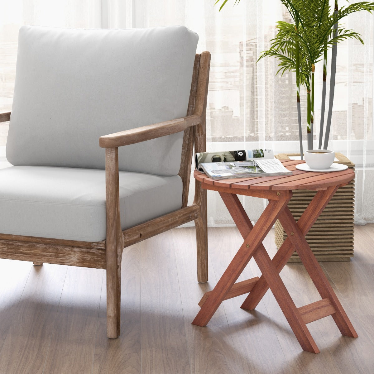 Wooden Side Table with Slatted Tabletop and Sturdy X-shaped Frame-B