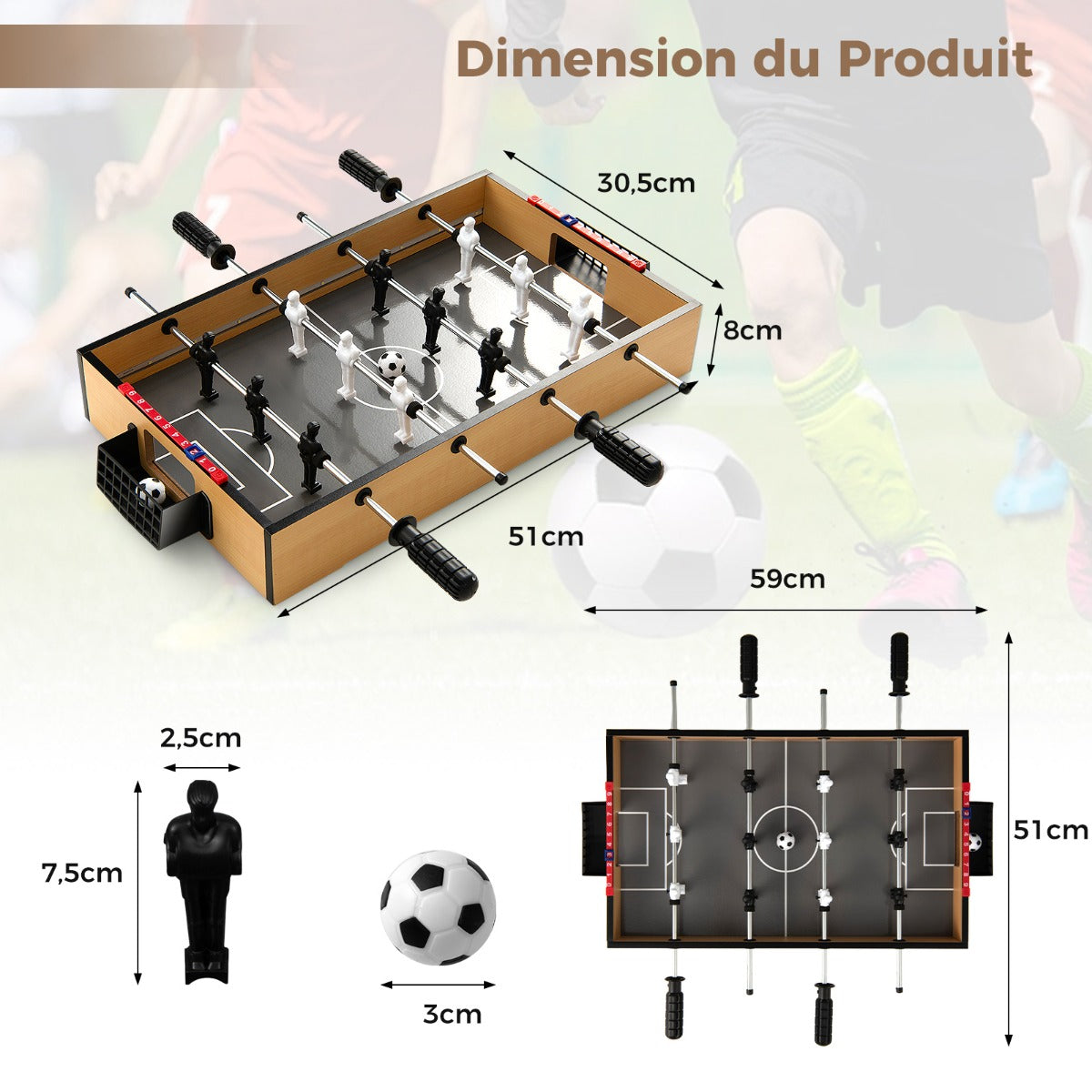 51cm Foosball Table with LED Lights and Realistic Players and 2 Balls-Brown