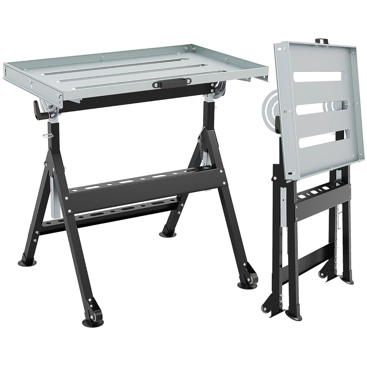 Folding Welding Table with 76 x 51 cm Tabletop and 2 Fixed Wheels-Black