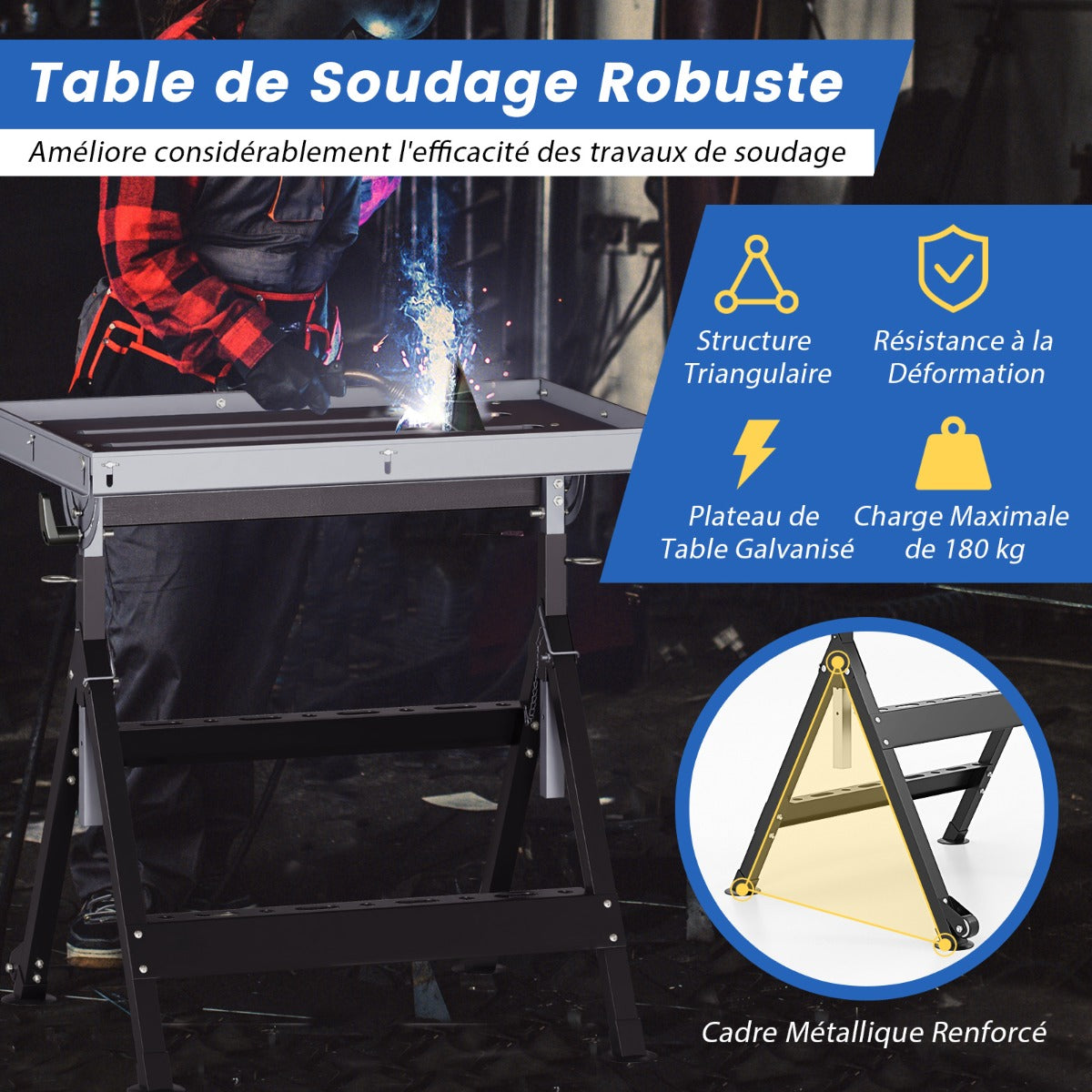 Folding Welding Table with 76 x 51 cm Tabletop and 2 Fixed Wheels-Black