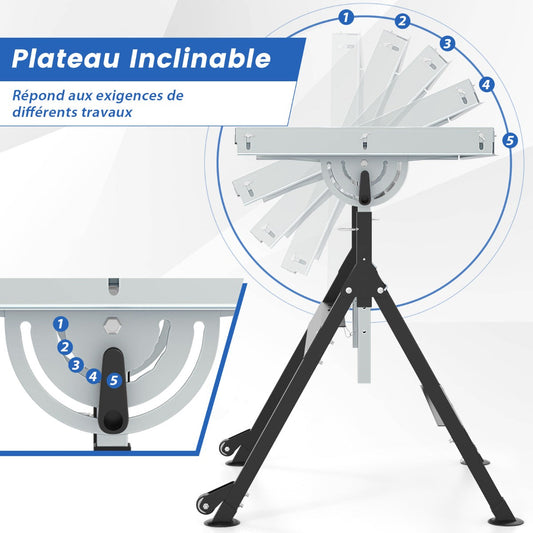 Folding Welding Table with 76 x 51 cm Tabletop and 2 Fixed Wheels-Black