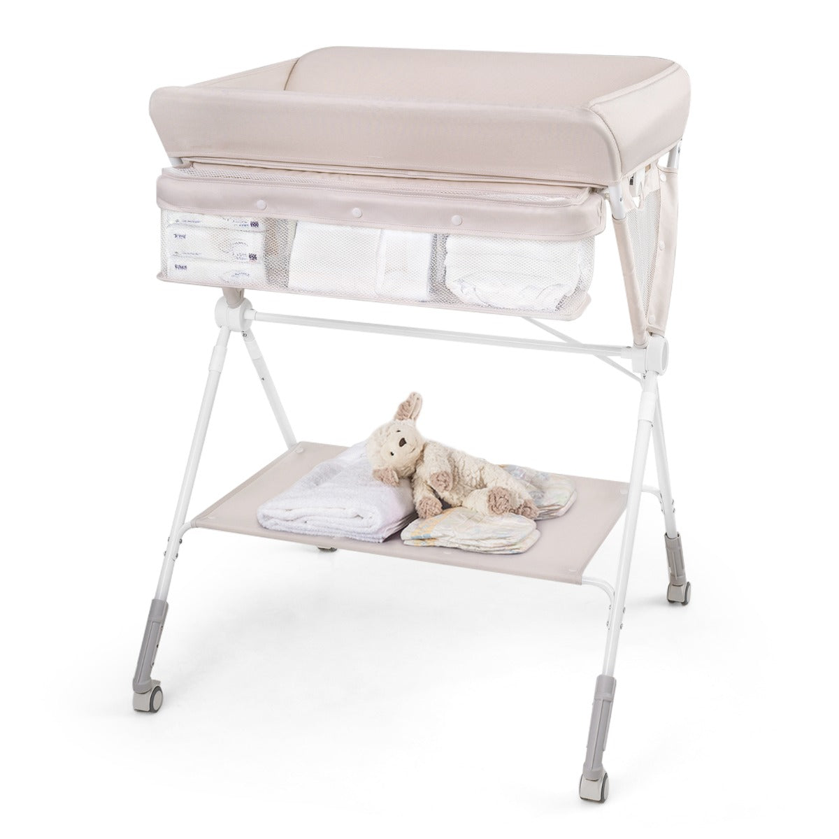 Folding Baby Changing Table, Portable Changing Table, Height Adjustable to 6 Levels with Wheels, Shelf and Basket, Beige