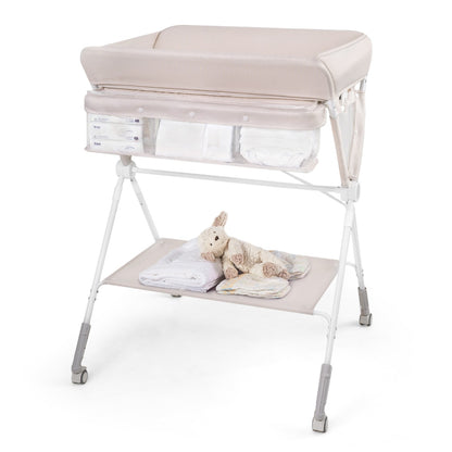 Folding Baby Changing Table, Portable Changing Table, Height Adjustable to 6 Levels with Wheels, Shelf and Basket, Beige