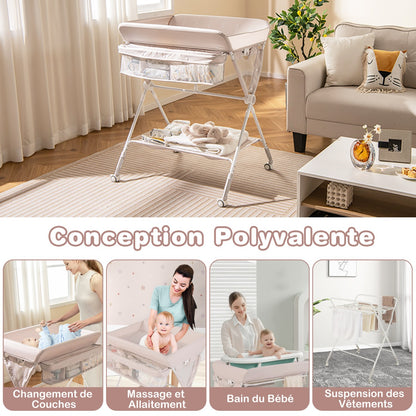 Folding Baby Changing Table, Portable Changing Table, Height Adjustable to 6 Levels with Wheels, Shelf and Basket, Beige