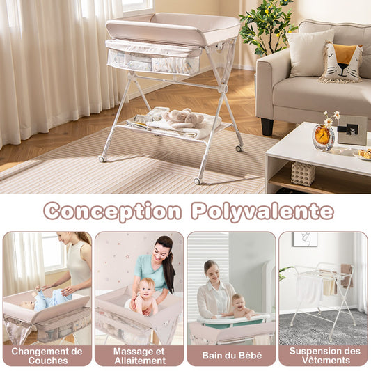 Folding Baby Changing Table, Portable Changing Table, Height Adjustable to 6 Levels with Wheels, Shelf and Basket, Beige