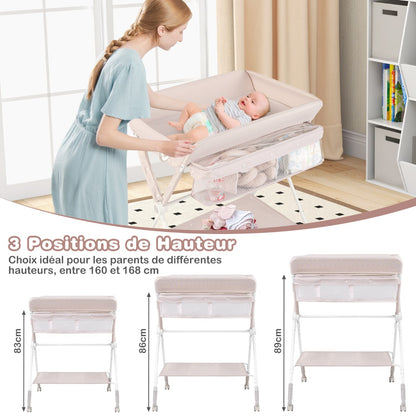 Folding Baby Changing Table, Portable Changing Table, Height Adjustable to 6 Levels with Wheels, Shelf and Basket, Beige
