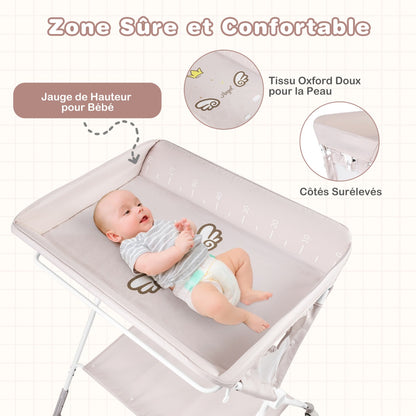 Folding Baby Changing Table, Portable Changing Table, Height Adjustable to 6 Levels with Wheels, Shelf and Basket, Beige