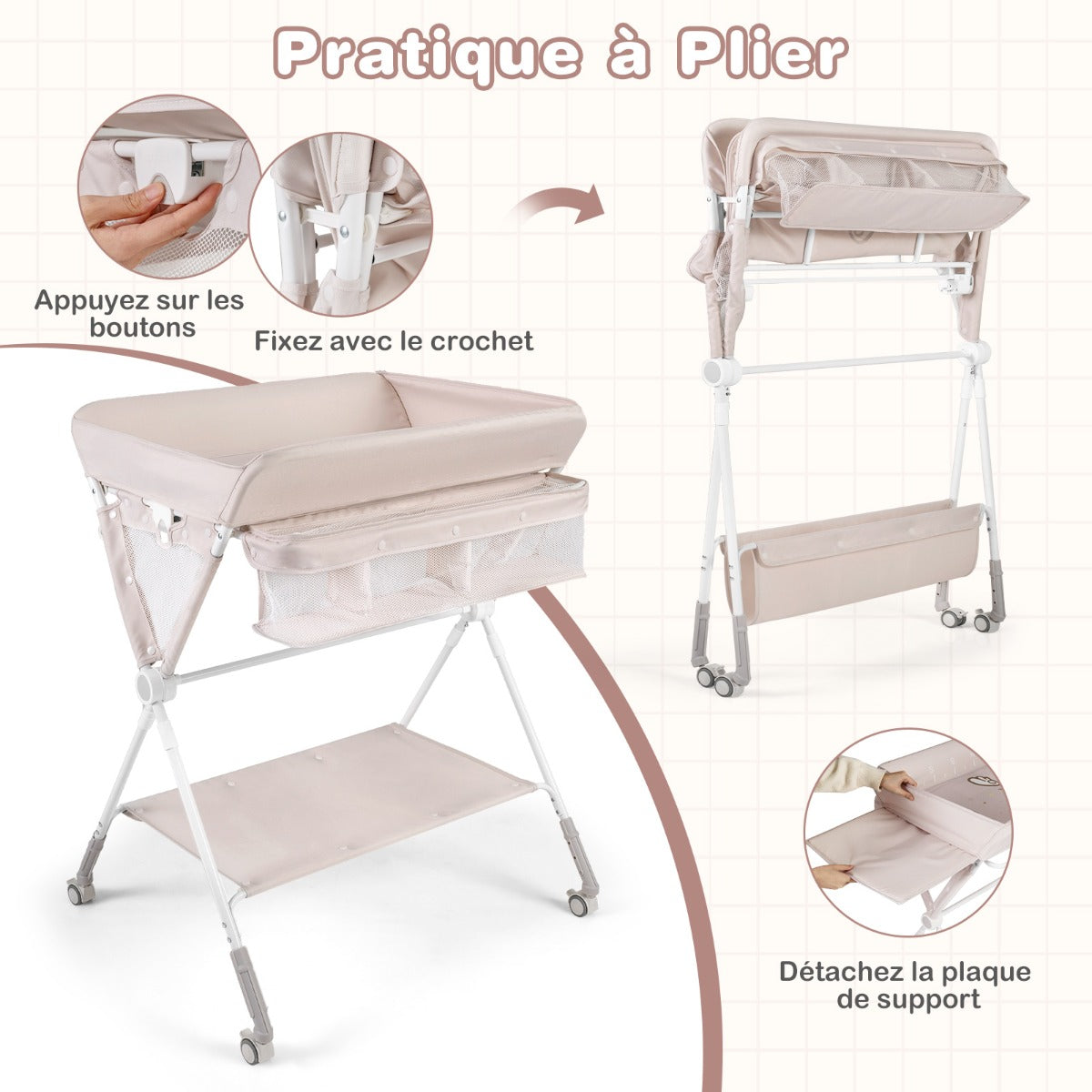 Folding Baby Changing Table, Portable Changing Table, Height Adjustable to 6 Levels with Wheels, Shelf and Basket, Beige