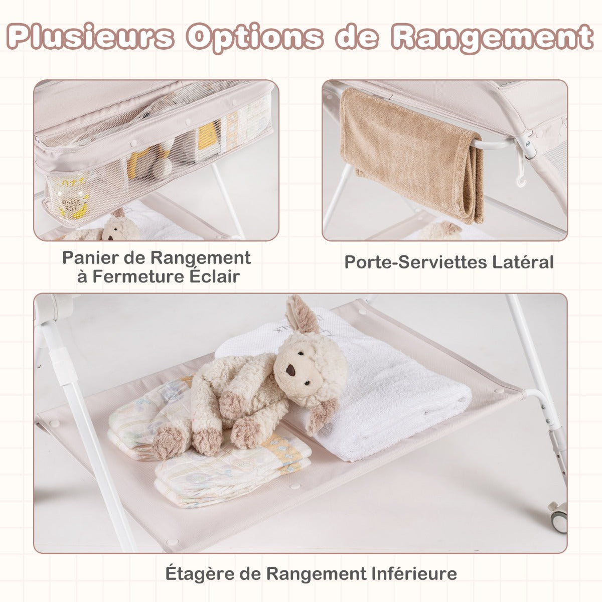 Folding Baby Changing Table, Portable Changing Table, Height Adjustable to 6 Levels with Wheels, Shelf and Basket, Beige