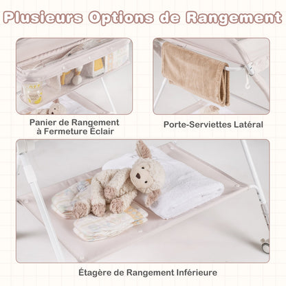 Folding Baby Changing Table, Portable Changing Table, Height Adjustable to 6 Levels with Wheels, Shelf and Basket, Beige