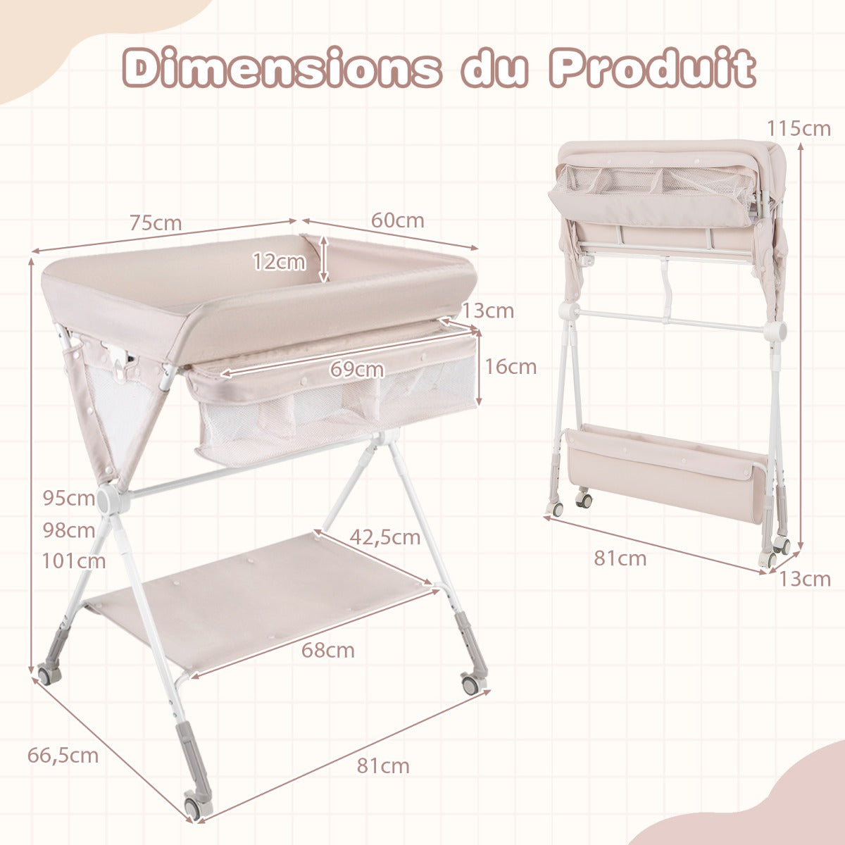 Folding Baby Changing Table, Portable Changing Table, Height Adjustable to 6 Levels with Wheels, Shelf and Basket, Beige