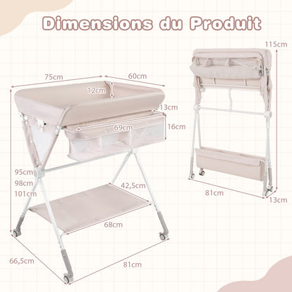 Folding Baby Changing Table, Portable Changing Table, Height Adjustable to 6 Levels with Wheels, Shelf and Basket, Beige