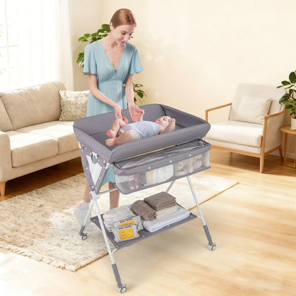 Folding Baby Changing Table, Portable Changing Table, Height Adjustable to 4 Levels with Wheels, Shelf and Basket, Gray