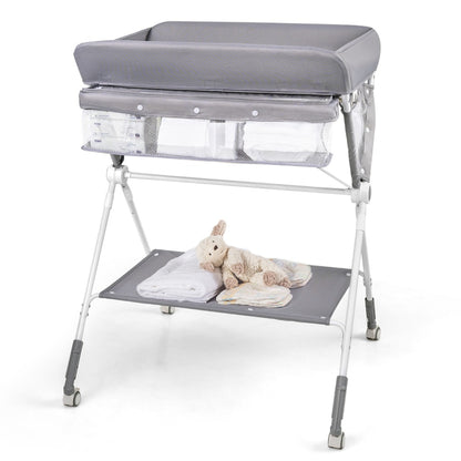 Folding Baby Changing Table, Portable Changing Table, Height Adjustable to 4 Levels with Wheels, Shelf and Basket, Gray