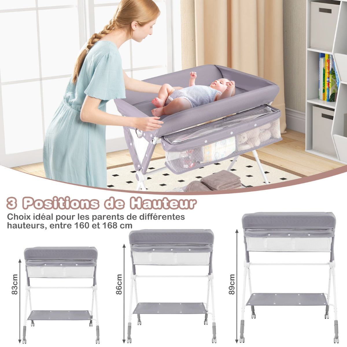 Folding Baby Changing Table, Portable Changing Table, Height Adjustable to 4 Levels with Wheels, Shelf and Basket, Gray