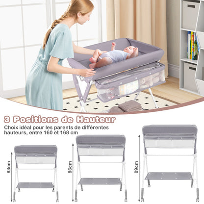 Folding Baby Changing Table, Portable Changing Table, Height Adjustable to 4 Levels with Wheels, Shelf and Basket, Gray
