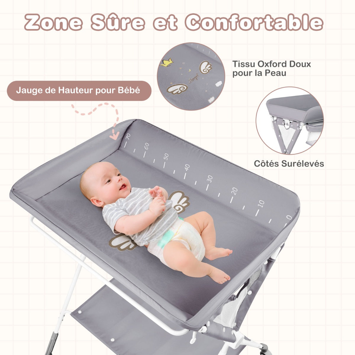 Folding Baby Changing Table, Portable Changing Table, Height Adjustable to 4 Levels with Wheels, Shelf and Basket, Gray