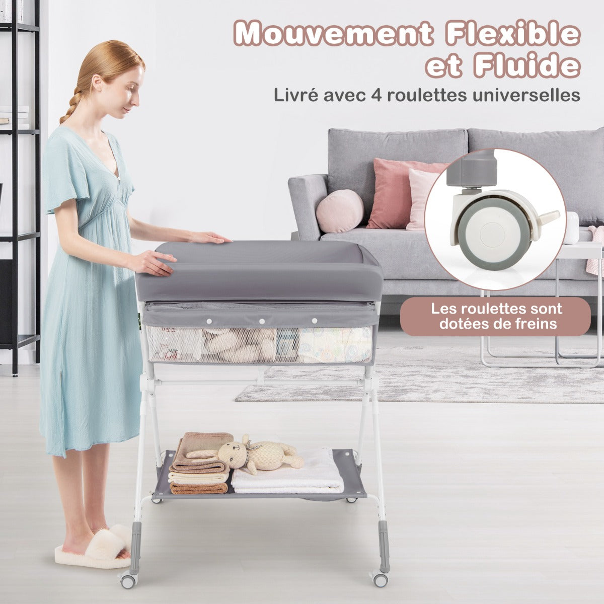 Folding Baby Changing Table, Portable Changing Table, Height Adjustable to 4 Levels with Wheels, Shelf and Basket, Gray