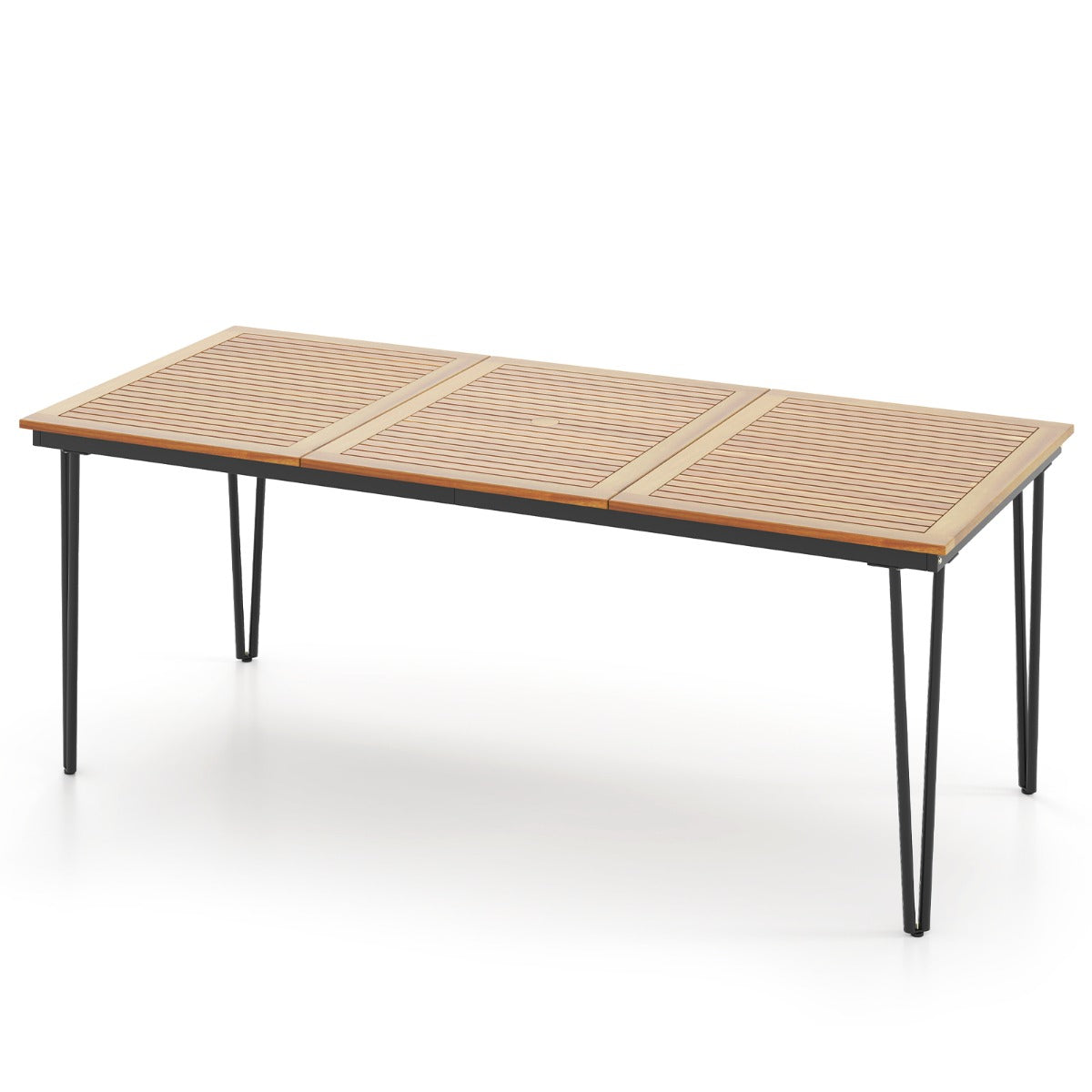 Outdoor Table for 8 People 200 cm Rectangular Table Acacia Wood Top Metal Frame 5 cm Parasol Hole