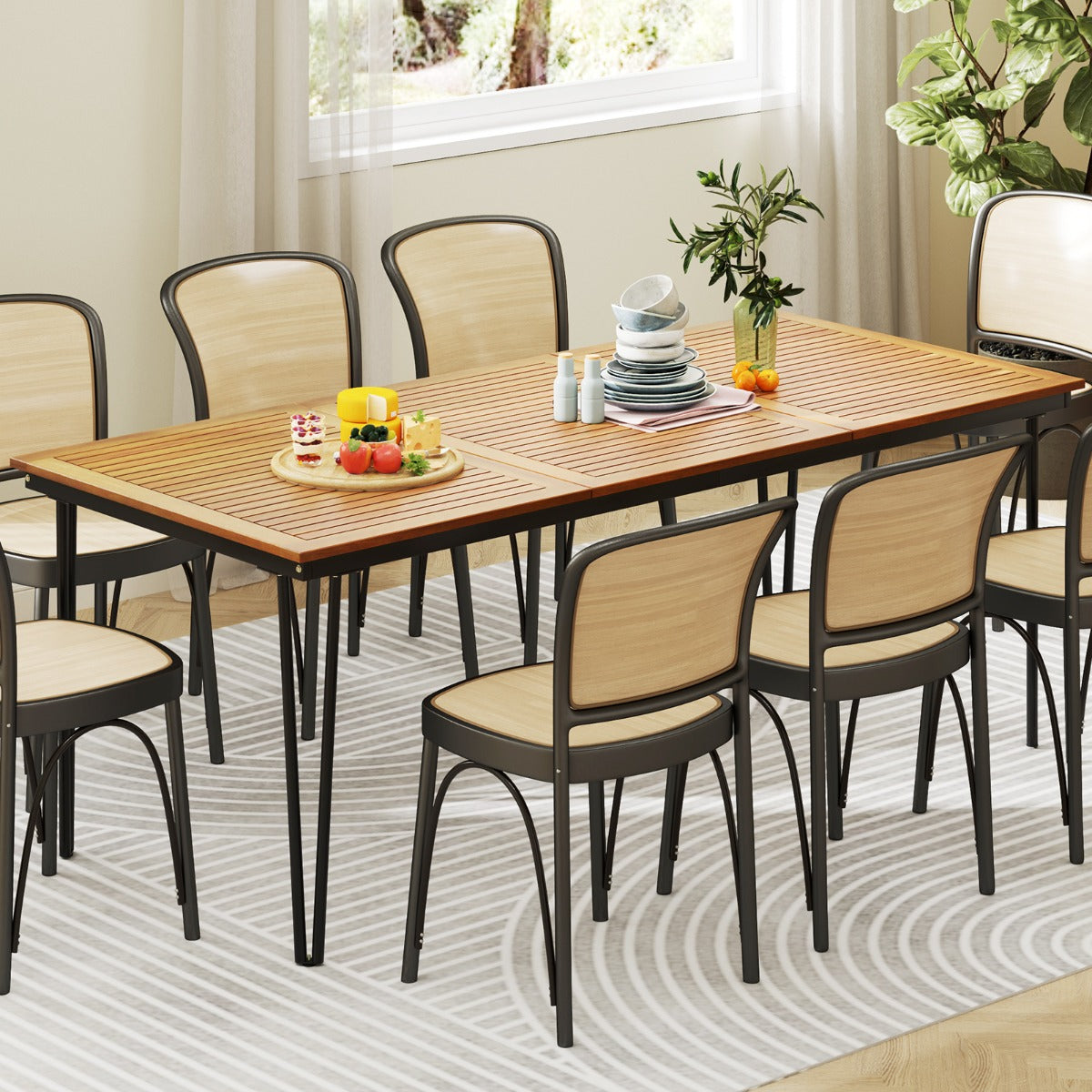 Outdoor Table for 8 People 200 cm Rectangular Table Acacia Wood Top Metal Frame 5 cm Parasol Hole
