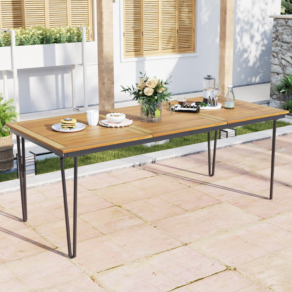 Outdoor Table for 8 People 200 cm Rectangular Table Acacia Wood Top Metal Frame 5 cm Parasol Hole