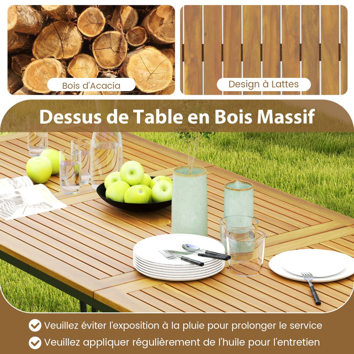 Outdoor Table for 8 People 200 cm Rectangular Table Acacia Wood Top Metal Frame 5 cm Parasol Hole