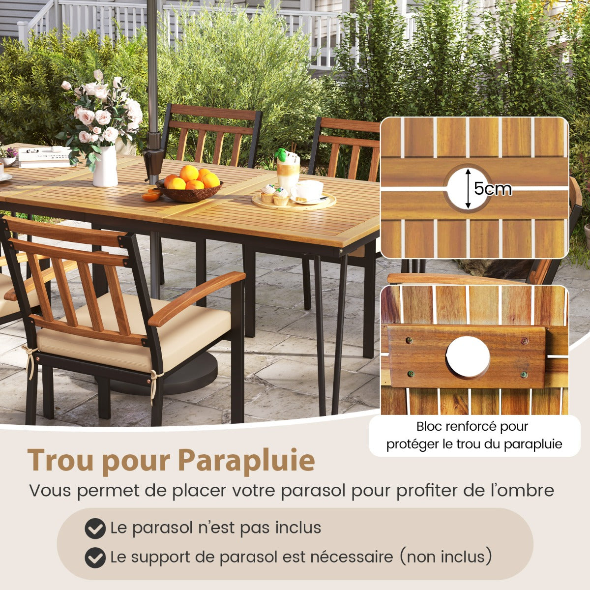 Outdoor Table for 8 People 200 cm Rectangular Table Acacia Wood Top Metal Frame 5 cm Parasol Hole