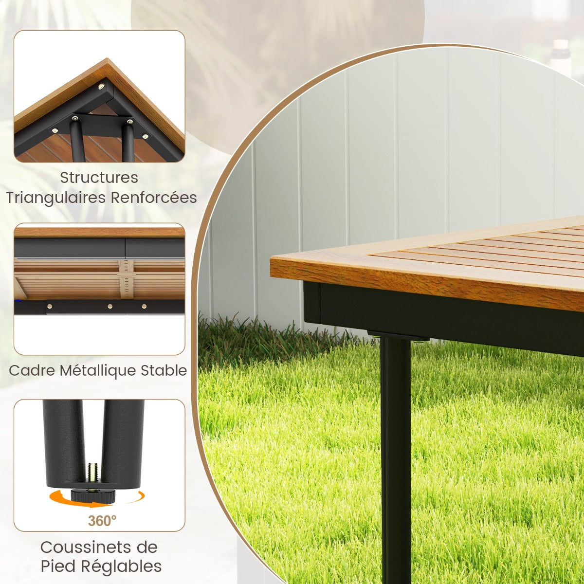 Outdoor Table for 8 People 200 cm Rectangular Table Acacia Wood Top Metal Frame 5 cm Parasol Hole