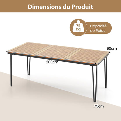 Outdoor Table for 8 People 200 cm Rectangular Table Acacia Wood Top Metal Frame 5 cm Parasol Hole