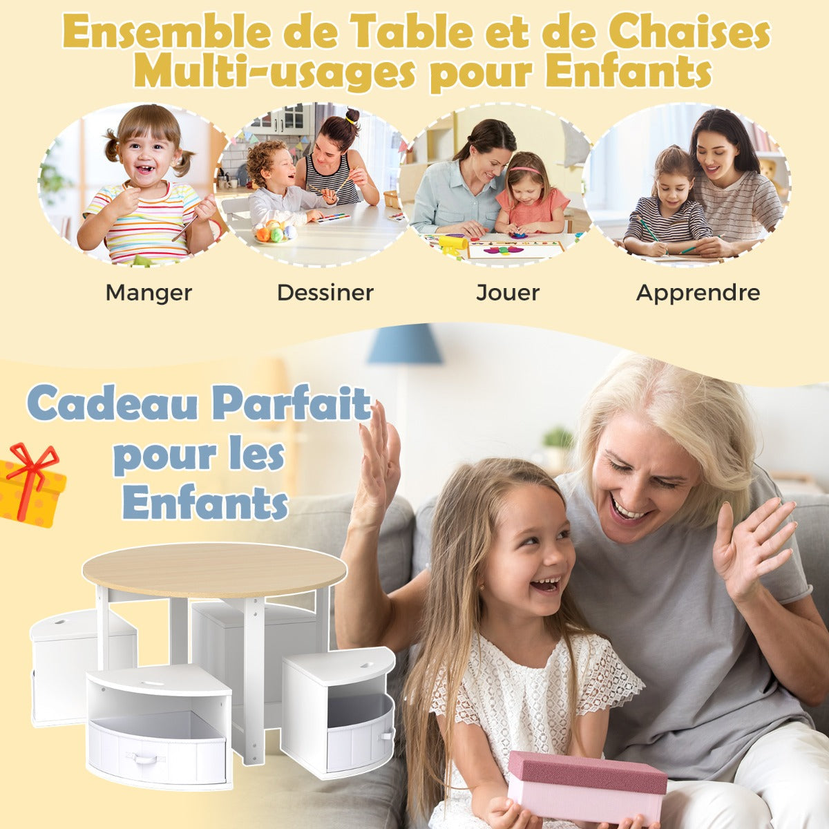 5 Piece Kids Table and Chair Set with 4 Storage Stools-Natural