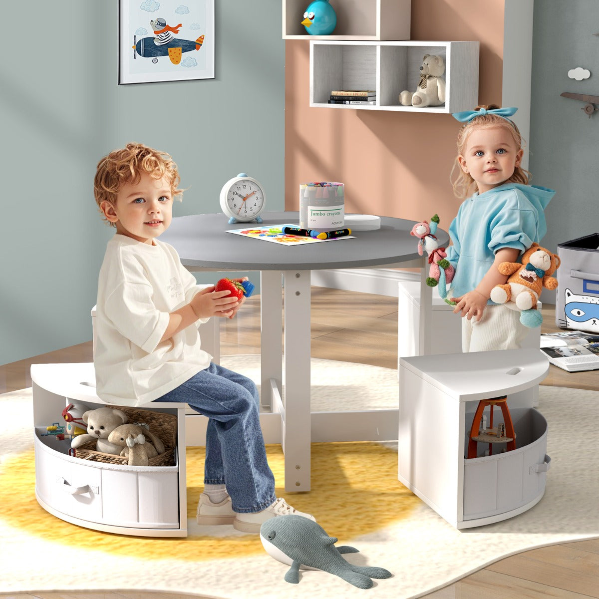 5 Piece Kids Table and Chair Set with 4 Storage Stools-Grey