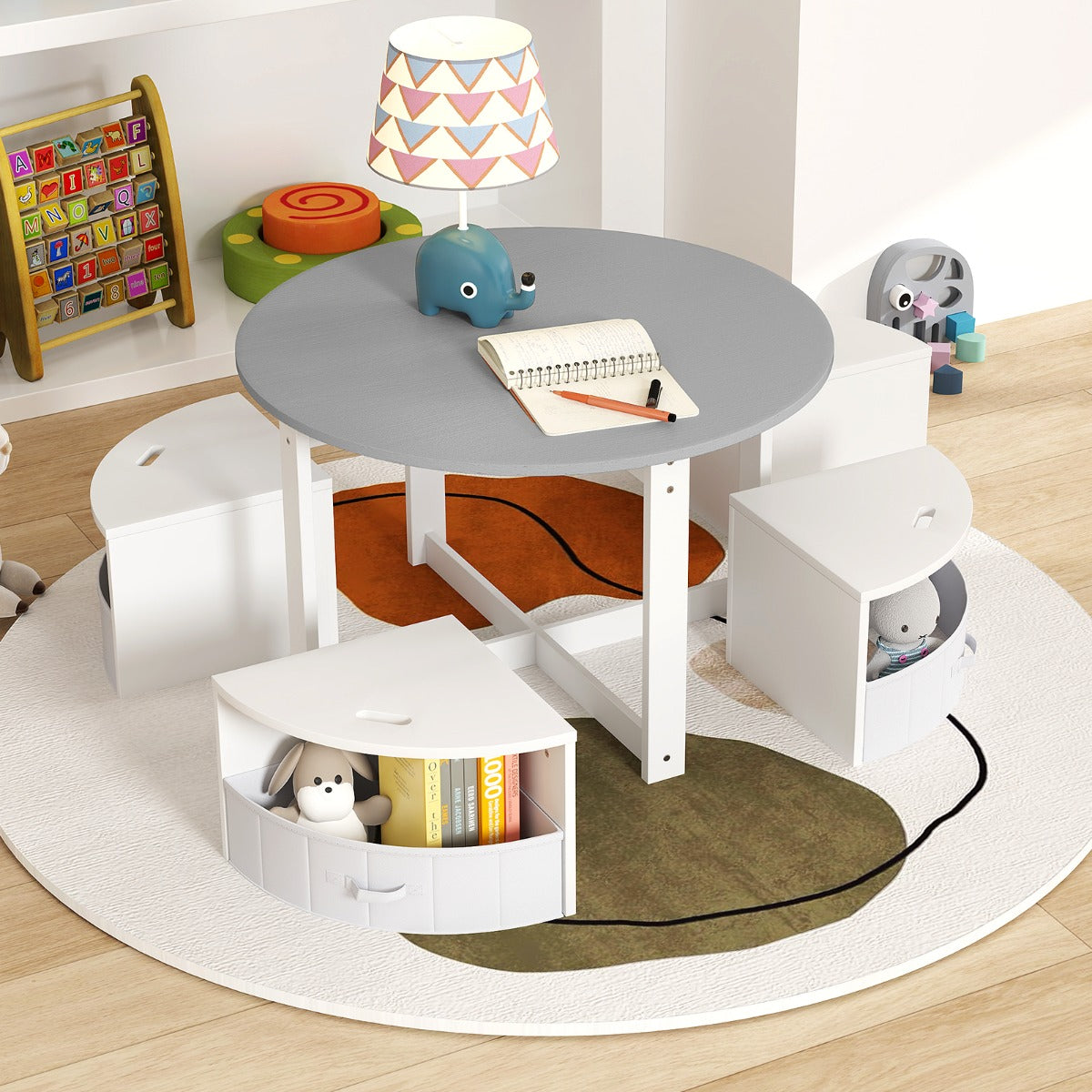 5 Piece Kids Table and Chair Set with 4 Storage Stools-Grey