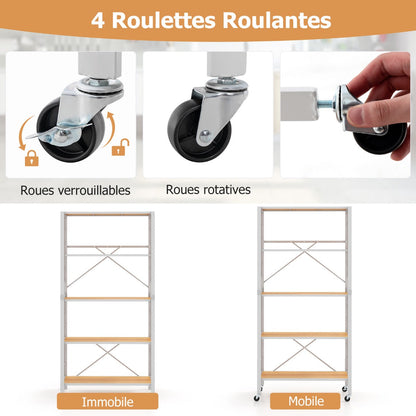 5-Tier Foldable Shelving Unit Metal Shelves with Detachable Wheels-Natural