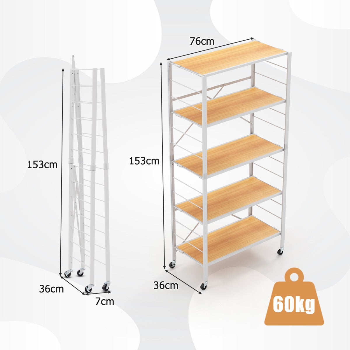 5-Tier Foldable Shelving Unit Metal Shelves with Detachable Wheels-Natural