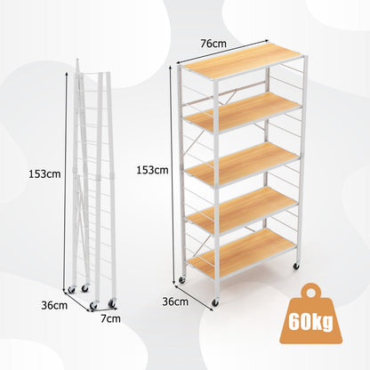 5-Tier Foldable Shelving Unit Metal Shelves with Detachable Wheels-Natural