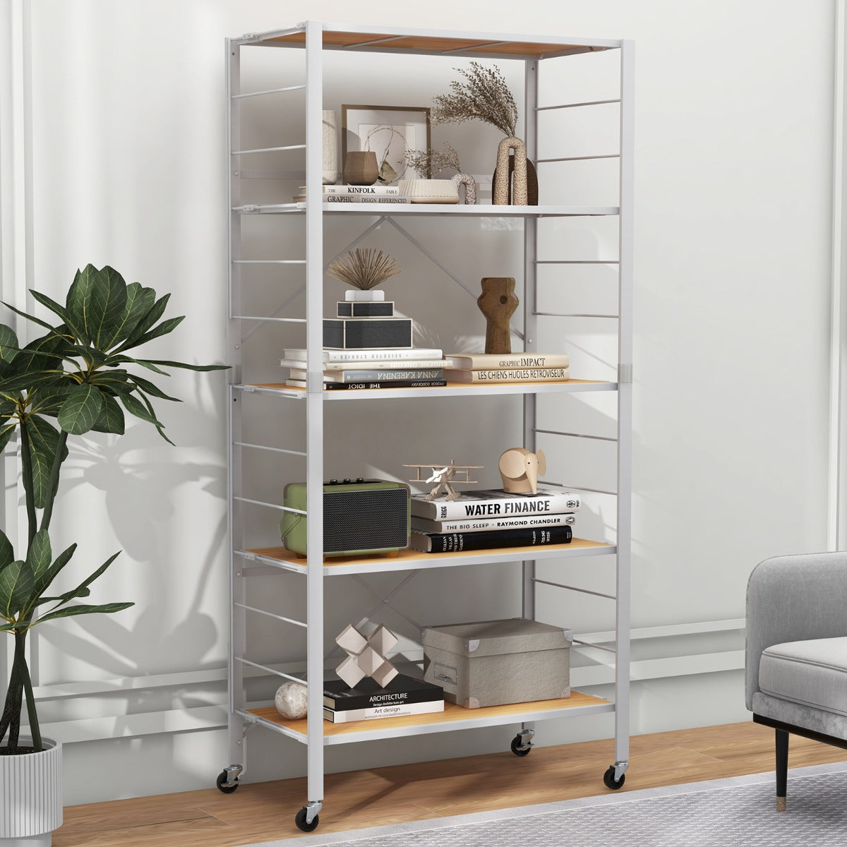 5-Tier Foldable Shelving Unit Metal Shelves with Detachable Wheels-Natural
