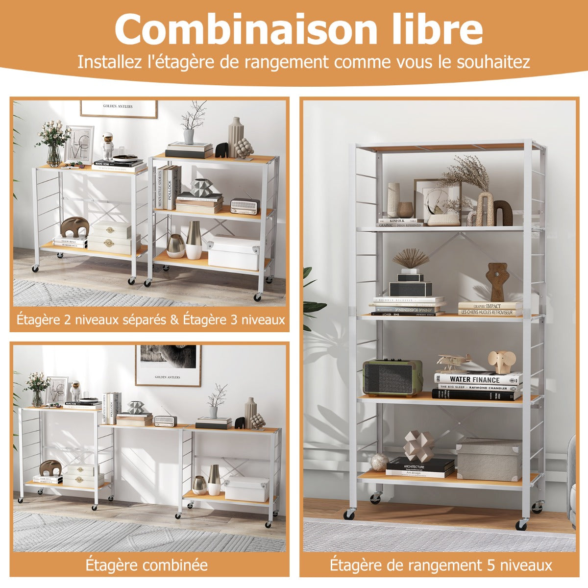 5-Tier Foldable Shelving Unit Metal Shelves with Detachable Wheels-Natural