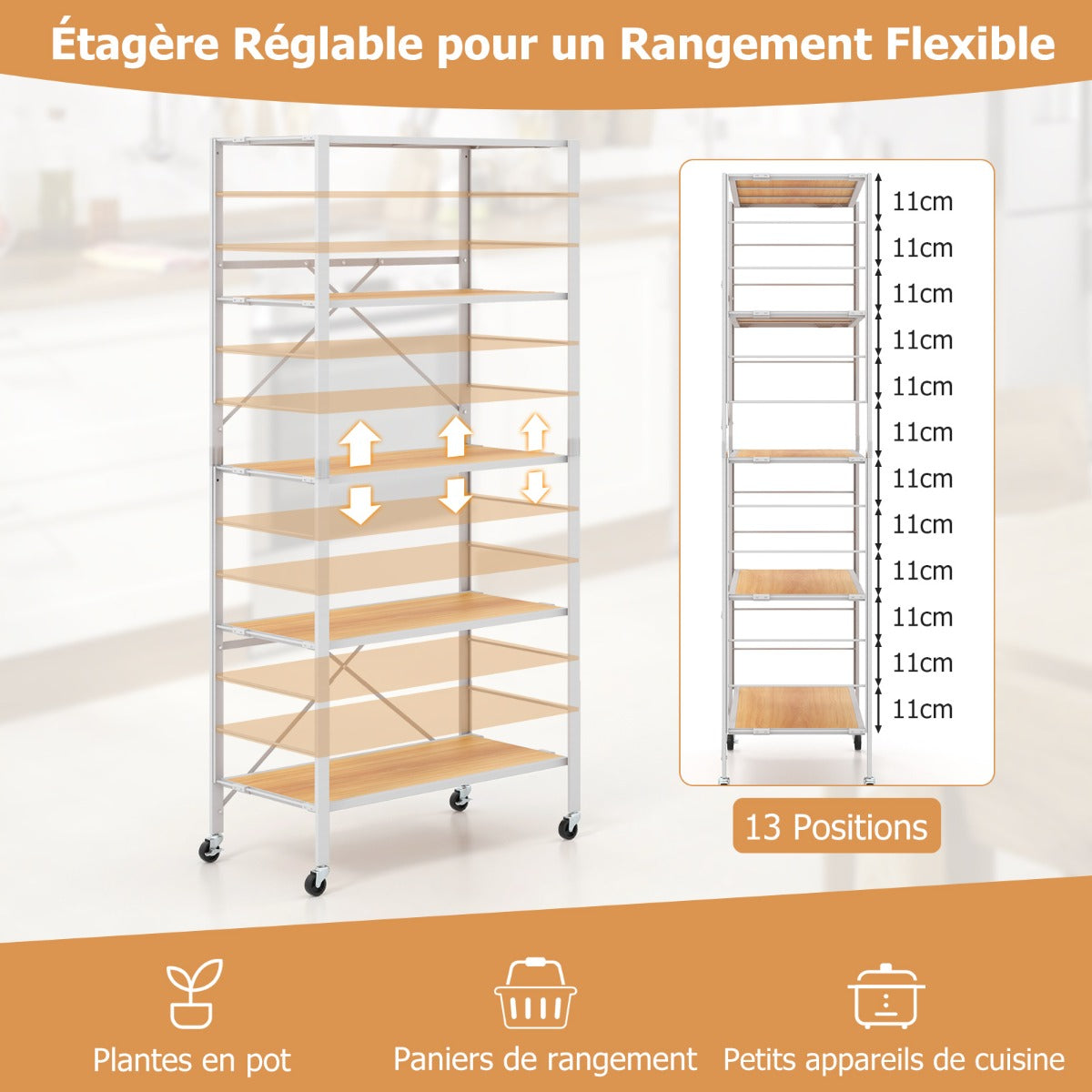 5-Tier Foldable Shelving Unit Metal Shelves with Detachable Wheels-Natural
