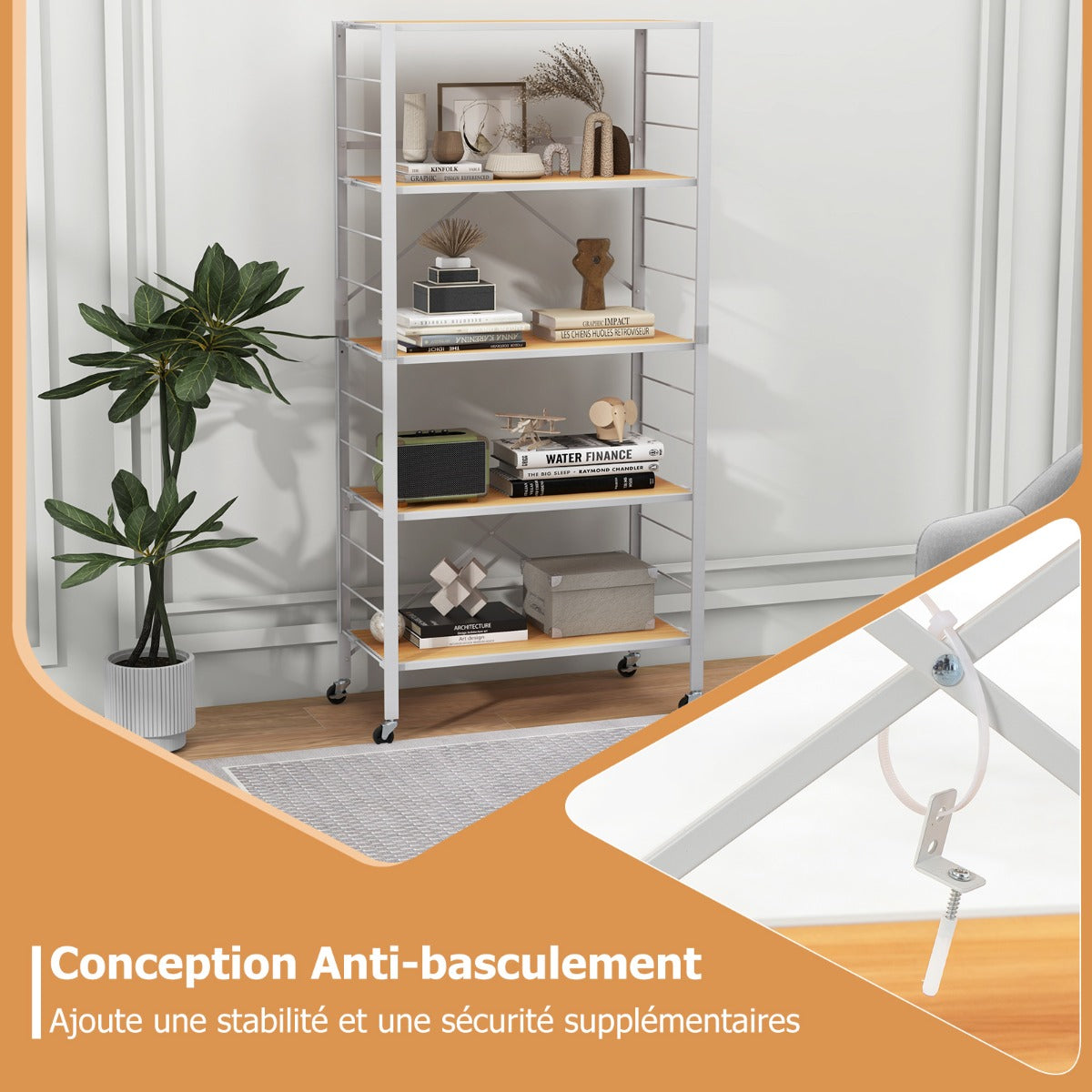 5-Tier Foldable Shelving Unit Metal Shelves with Detachable Wheels-Natural