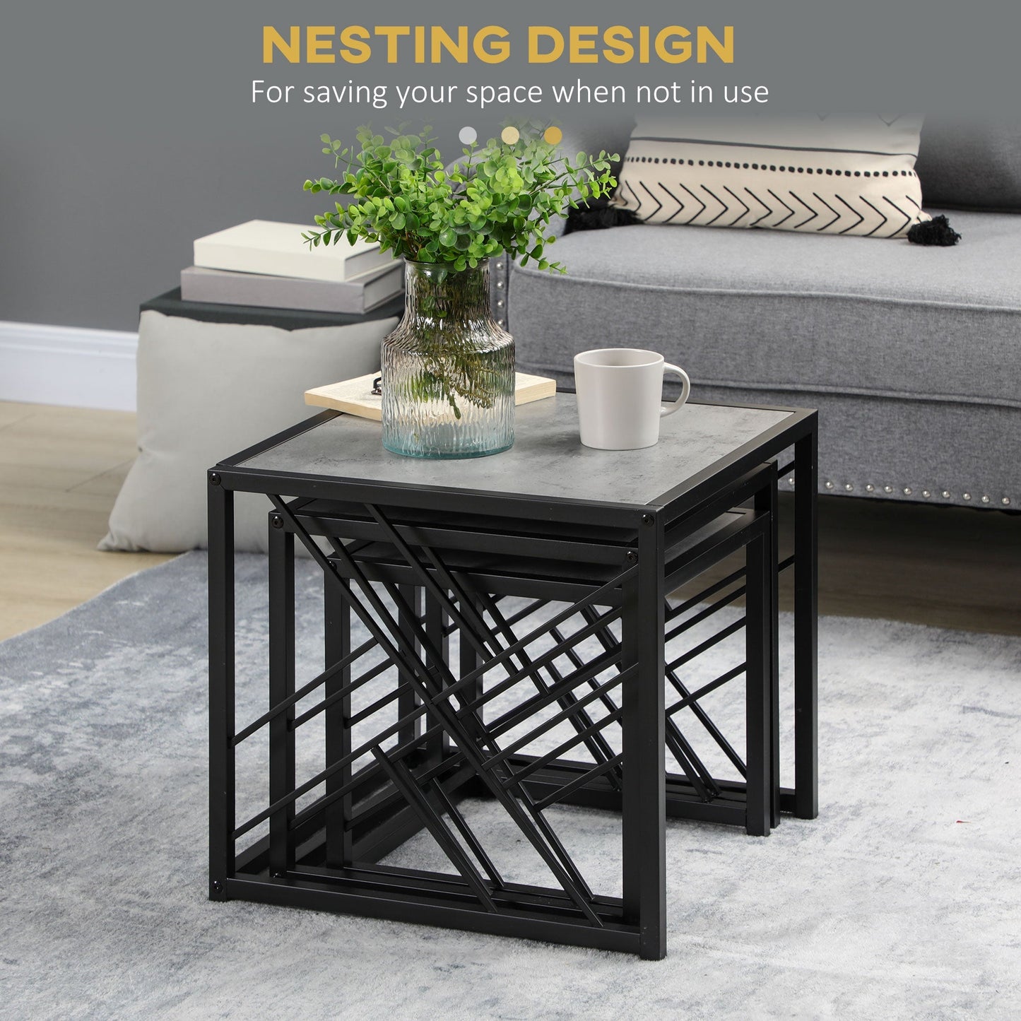 HOMCOM Nesting Coffee Tables, Set of 3 Square Side Tables with Black Metal Frame, for Living Room, Bedroom and Office, Grey
