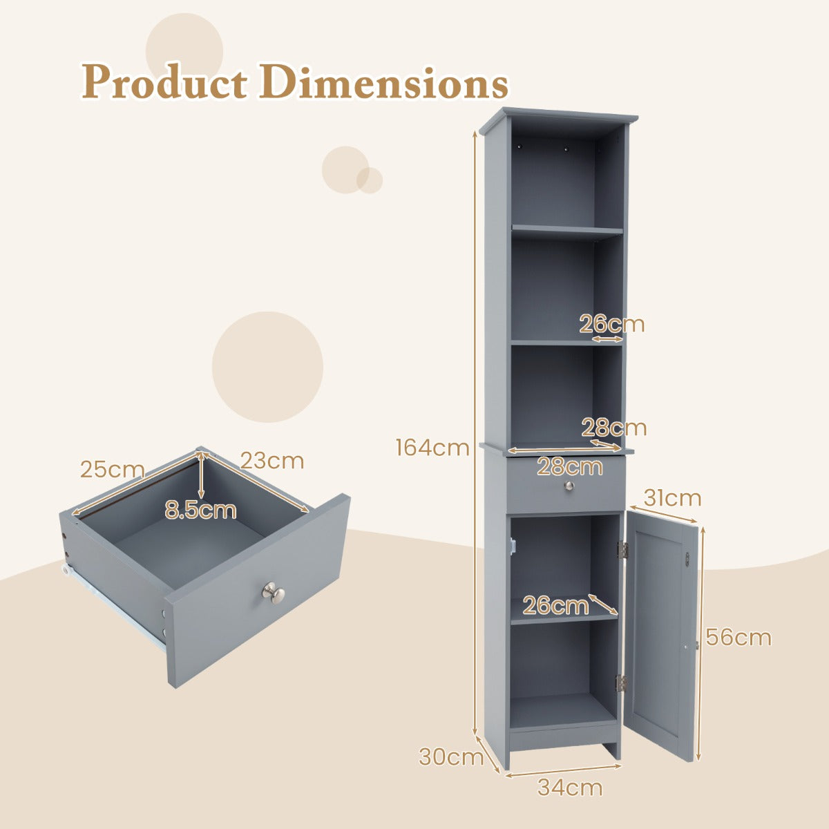 Tall Bathroom Cabinet with Adjustable Shelves-Grey